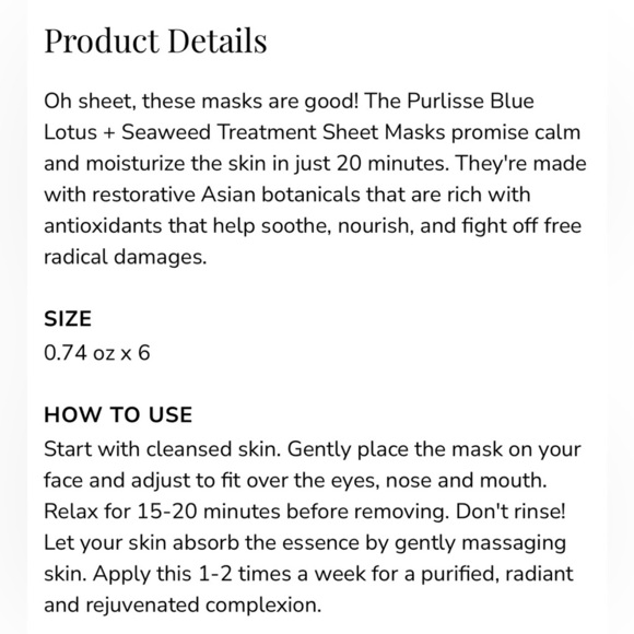 Purlisse Blue Lotus + Seaweed Treatment Sheet Mask - Mask Set, Pack of 6 - Picture 2 of 3